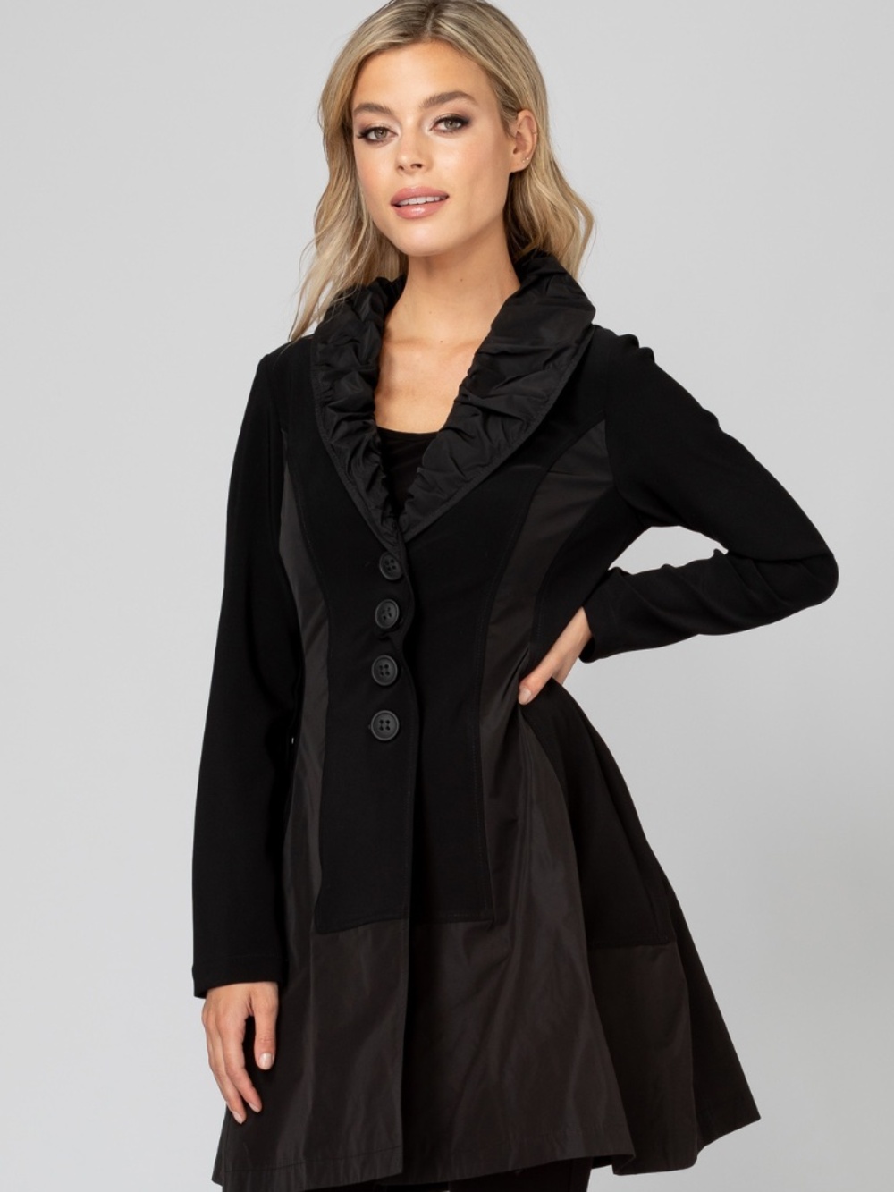 Joseph Ribkoff Black Coat Style 193425 Ruching Collar Button Down EUC Sz 20 - Picture 9 of 13